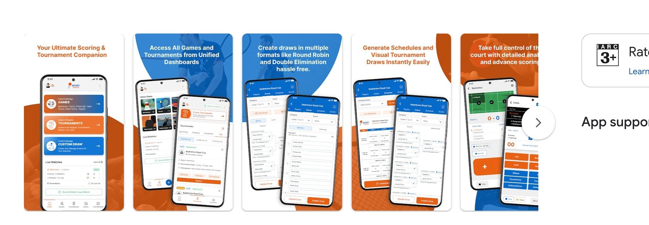 Racquet Heroes app screens for live scoring, tournaments, custom draws, and match analytics