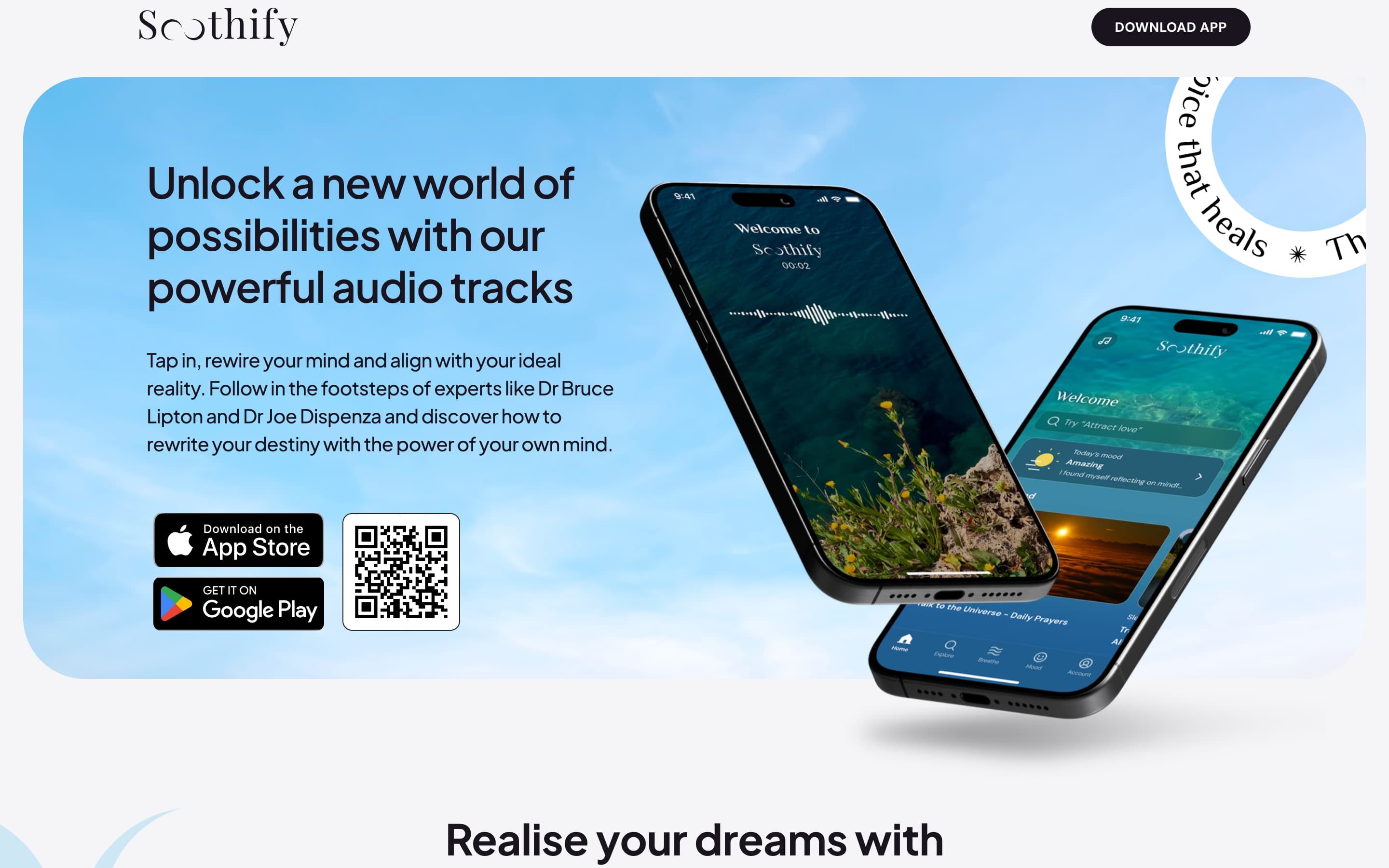 Soothify marketing site with app mockups and download calls to action
