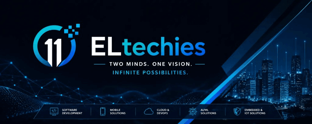ELtechies brand banner with network mesh, digital cityscape, and core service areas